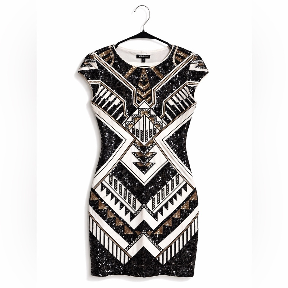 Express Sequin Mini Dress Small Art Deco Gold Black Bodycon Party
